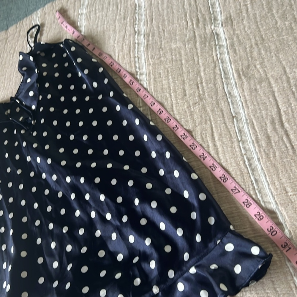 Vintage 90s SATIN Polka Dot Ruffle Low V Back Slip Dress in Navy White | M - Picture 9 of 10